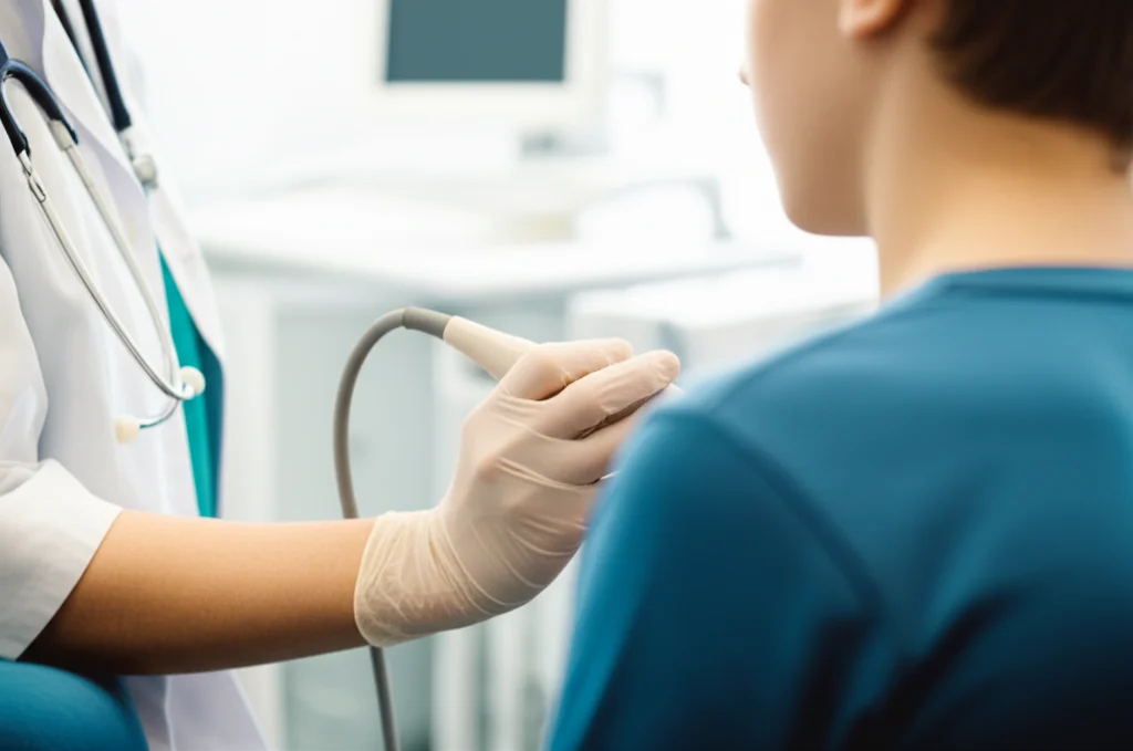 Primo piano di un medico che utilizza una sonda ecografica sul collo di un adolescente in un ambiente clinico luminoso e moderno. Lente macro 85mm, illuminazione controllata e morbida, alta definizione dei dettagli sulla sonda e sulla pelle, messa a fuoco precisa sull'interazione, sfondo leggermente sfocato per mantenere il focus sul soggetto.