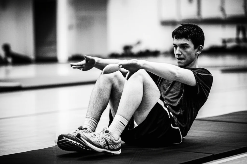 Adolescente maschio concentrato mentre esegue addominali (sit-up) su un tappetino in una palestra scolastica durante un test di fitness. Scatto d'azione con obiettivo a focale fissa 35mm, luce ambientale della palestra, focus sull'espressione di sforzo e sul movimento, stile bianco e nero con grana leggera per un effetto più drammatico.