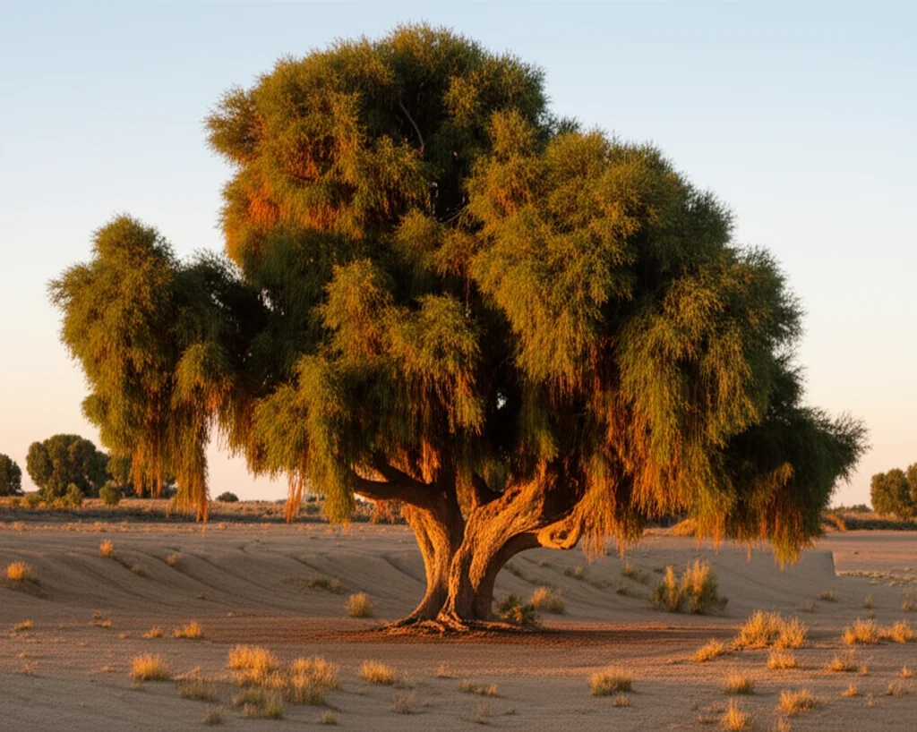 Fotografia paesaggistica di un esemplare solitario di *Populus euphratica* in un ambiente arido e salino, obiettivo grandangolare 20mm, luce del tardo pomeriggio che crea lunghe ombre, messa a fuoco nitida sull'albero e sul terreno circostante.