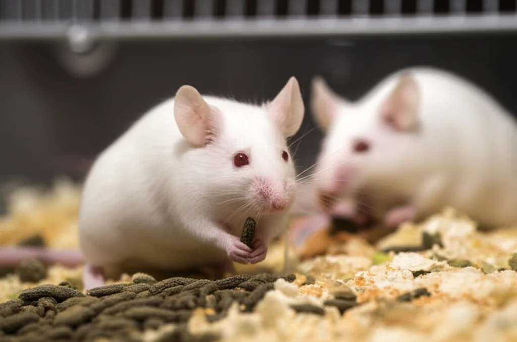 Immagine fotorealistica di un topo da laboratorio BALB/c sano in un ambiente controllato SPF, focus sull'animale che interagisce con il cibo, sfondo leggermente sfocato con altri topi, luce naturale morbida, lente prime 50mm, profondità di campo ridotta.
