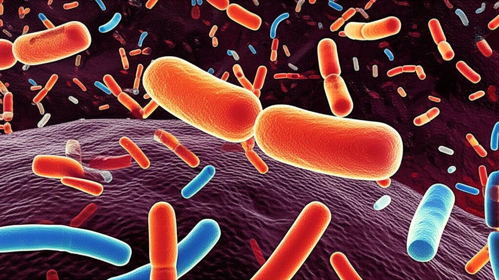 Visualizzazione artistica e fotorealistica del microbioma intestinale umano, con diverse specie batteriche colorate (bacilli, cocchi) che fluttuano in un ambiente fluido, alcuni batteri Lacticaseibacillus evidenziati, stile macro, alta definizione, illuminazione suggestiva.