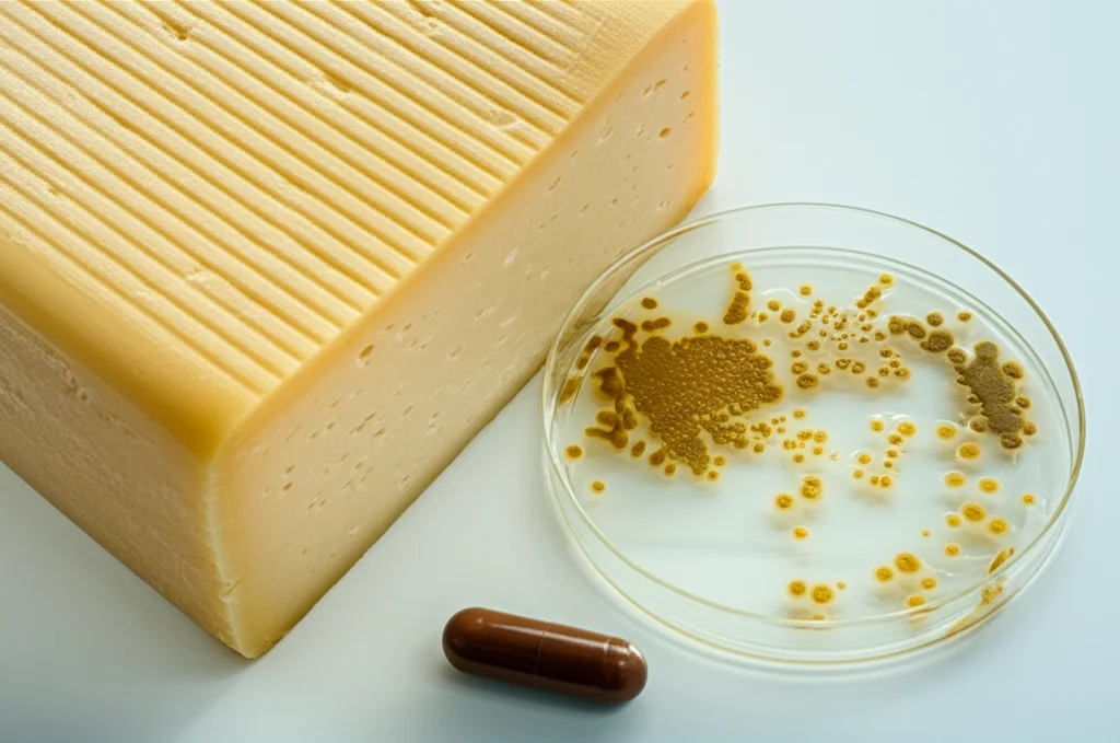 Fotografia macro, obiettivo 100mm, di un pezzo di formaggio semi-stagionato con una texture invitante, accanto a una capsula Petri con colonie di batteri probiotici visibili. Illuminazione controllata da studio che enfatizza i dettagli del formaggio e la natura scientifica dei probiotici, messa a fuoco precisa sulla superficie del formaggio, sfondo neutro.