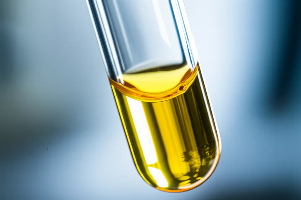 Primo piano macro di una provetta di sangue con plasma separato, illuminazione controllata da laboratorio, messa a fuoco precisa sul plasma, lente macro 100mm, alta definizione.