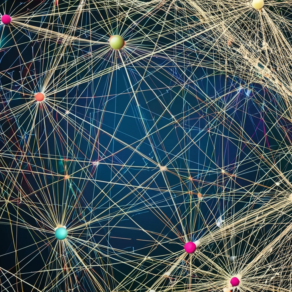Visualizzazione astratta di una rete di interazione proteica (PPI) complessa, con nodi luminosi collegati da linee su sfondo scuro, stile infografica scientifica, alta definizione.