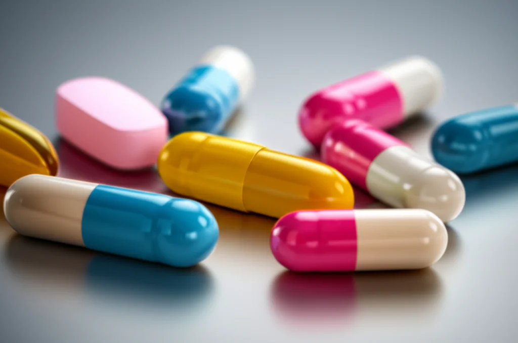 Fotografia still life di diverse pillole e capsule farmaceutiche colorate sparse su una superficie pulita, con una capsula in primo piano a fuoco nitido, luce morbida, lente macro 80mm.