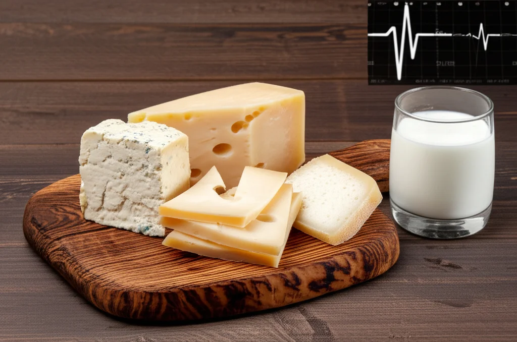 Fotografia still life, obiettivo 85mm, di diverse forme di formaggio semi-stagionato su un tagliere di legno rustico, accanto a un bicchiere di latte fresco e un piccolo grafico stilizzato che mostra un impulso elettrico. Luce naturale morbida laterale, profondità di campo ridotta per mettere a fuoco il formaggio principale, atmosfera calda e accogliente ma con un tocco di innovazione.