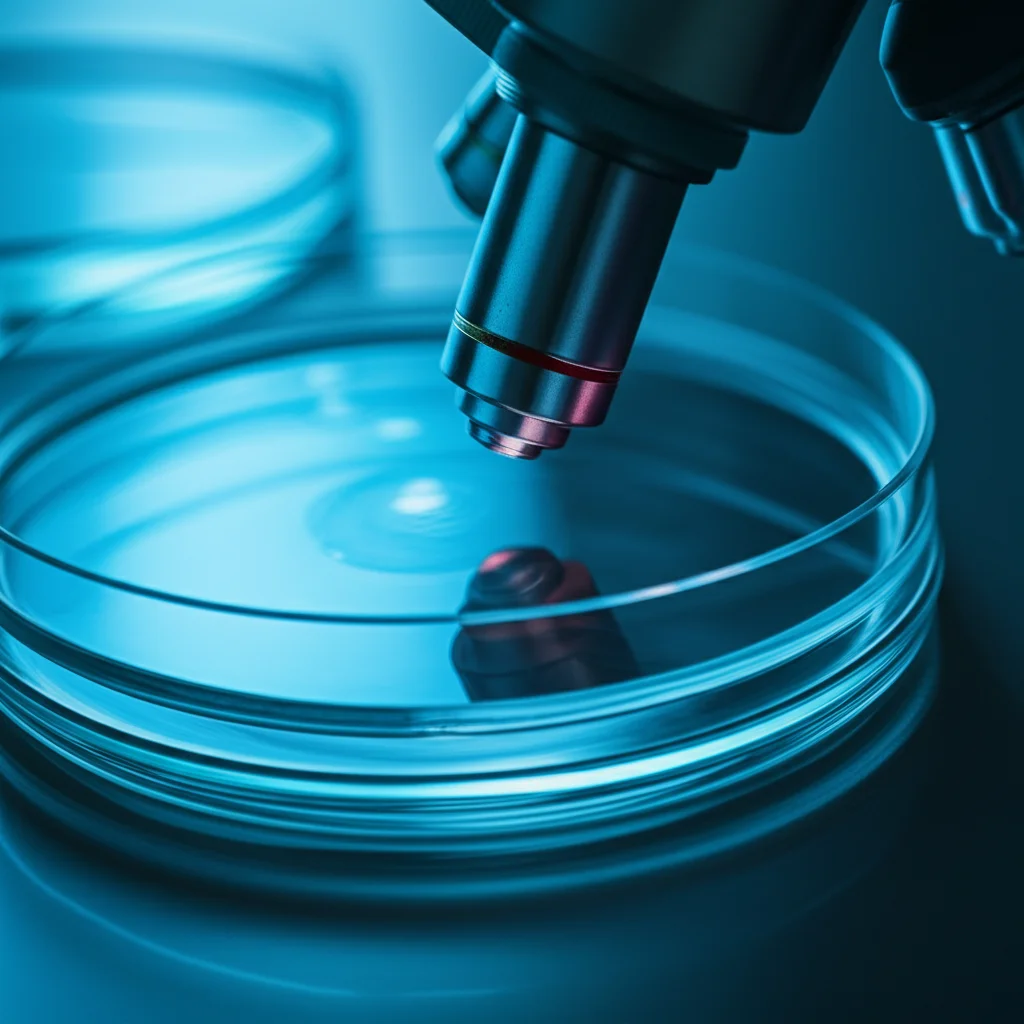Ricerca sul cancro al seno in laboratorio, focus su piastre di coltura cellulare sotto un microscopio. Obiettivo macro 100mm, alta definizione, illuminazione controllata per evidenziare le cellule in crescita.