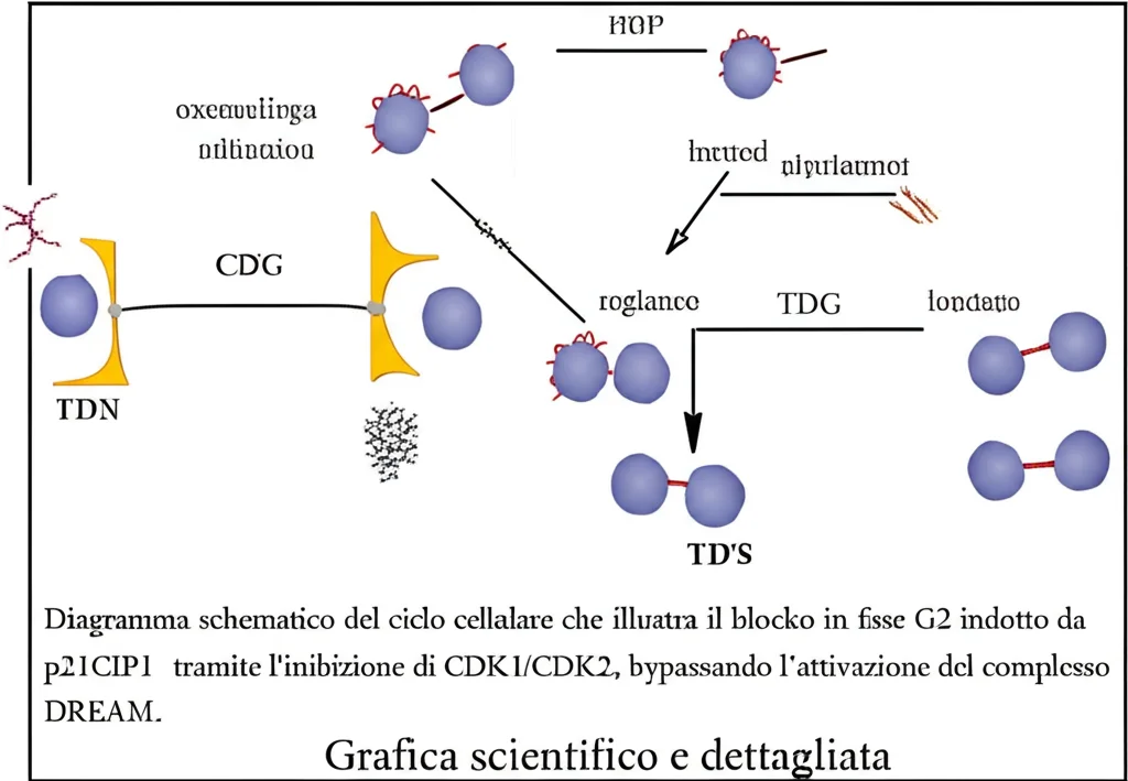 Diagramma schematico del ciclo cellulare che illustra il blocco in fase G2 indotto da p21CIP1 tramite l'inibizione di CDK1/CDK2, bypassando l'attivazione del complesso DREAM. Grafica scientifica, chiara e dettagliata.