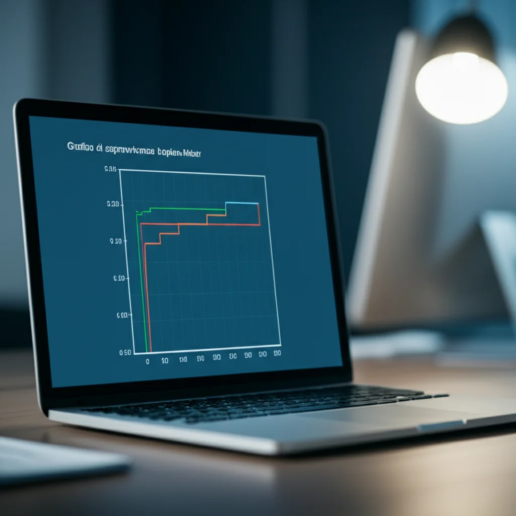 Grafico di sopravvivenza Kaplan-Meier mostrato su uno schermo di computer in un ambiente clinico moderno e luminoso. Obiettivo prime 35mm, profondità di campo ridotta per sfocare lo sfondo, luce soffusa che illumina lo schermo.