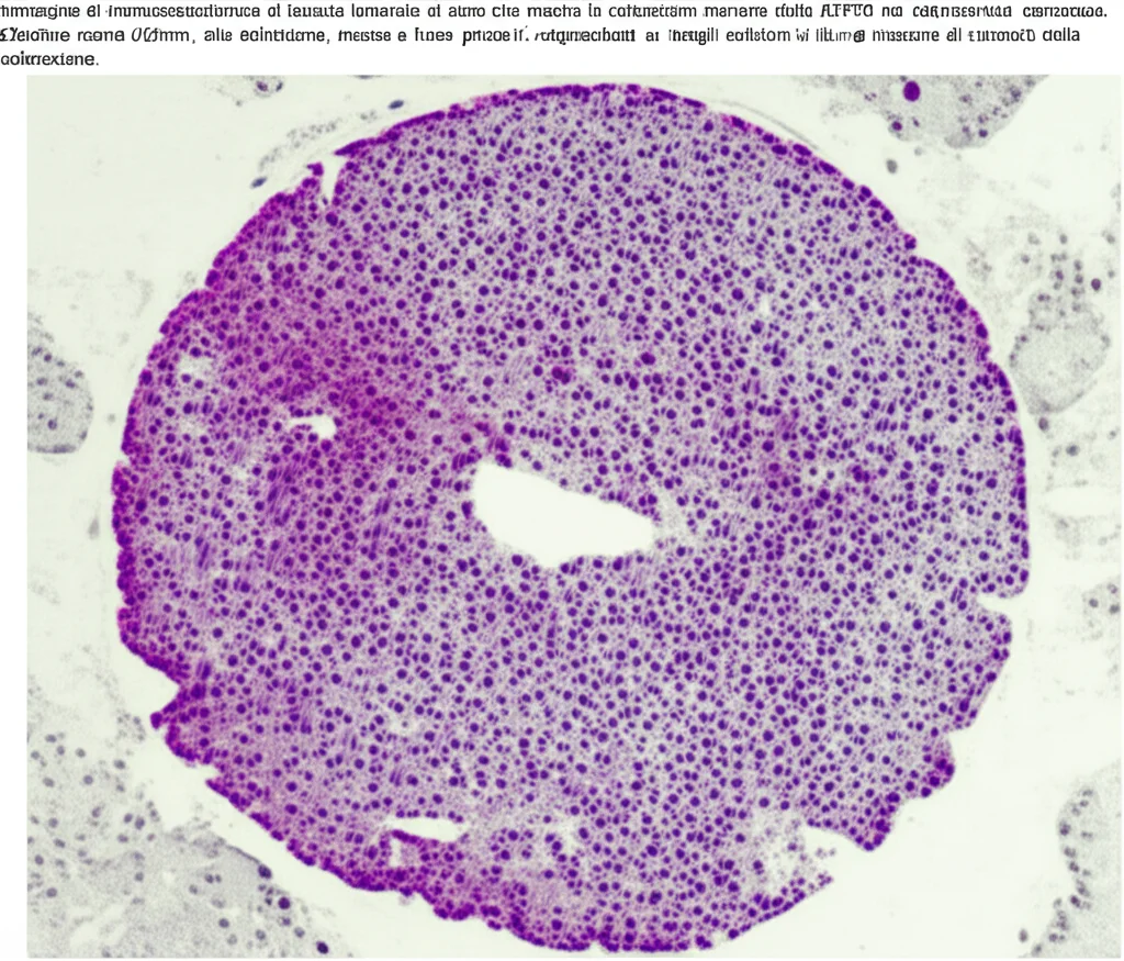 Immagine di immunoistochimica di tessuto tumorale al seno che mostra la colorazione marrone della proteina ATP7B nel citoplasma delle cellule cancerose. Obiettivo macro 60mm, alta definizione, messa a fuoco precisa sui dettagli cellulari e sulla variazione di intensità della colorazione.