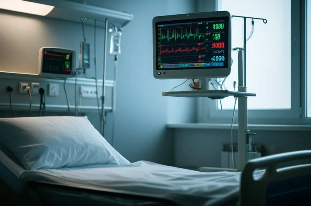 Fotografia realistica di un letto d'ospedale durante la pandemia COVID-19, luce soffusa che entra da una finestra, focus su un monitor di parametri vitali accanto al letto che mostra valori stabili, obiettivo prime 35mm, profondità di campo che sfoca leggermente lo sfondo della stanza.