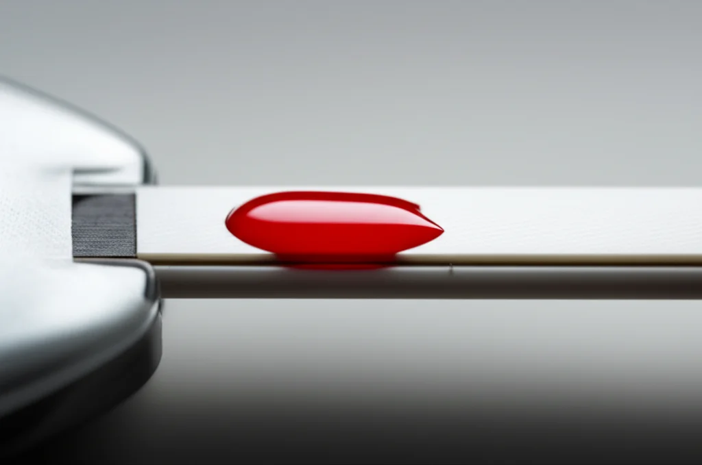 Macro fotografia ad alta definizione di una goccia di sangue rosso vivo su una striscia reattiva bianca per glucometro, illuminazione da studio controllata che crea riflessi nitidi, obiettivo macro 100mm, messa a fuoco estremamente precisa sulla goccia di sangue e sulla texture della striscia.