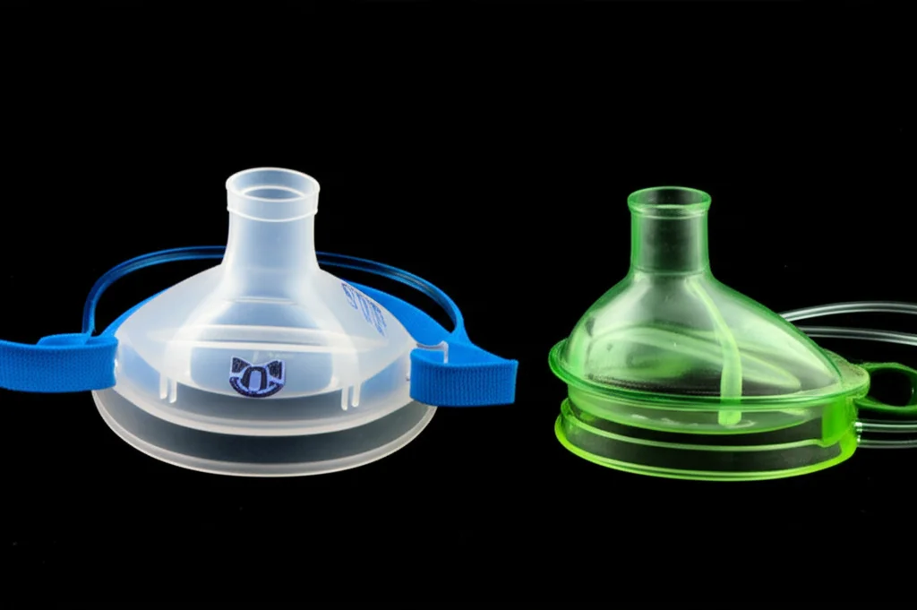 Still life comparativo su sfondo bianco pulito: a sinistra una maschera nasale anestetica moderna in silicone trasparente con i suoi connettori, a destra una cannula nasale tradizionale in plastica verde. Illuminazione da studio brillante e uniforme, obiettivo macro 90mm, alta definizione per mostrare i dettagli dei materiali, delle forme e dei punti di connessione.