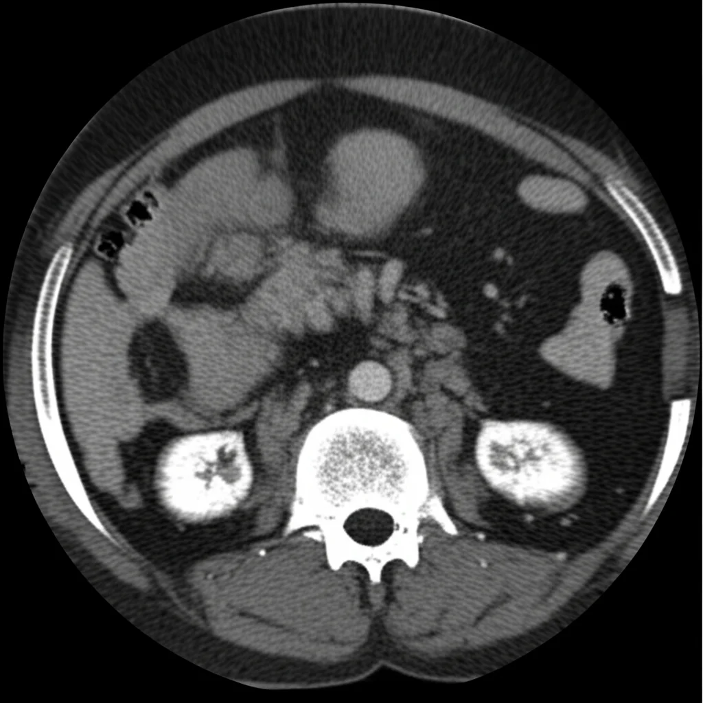 Immagine medica fotorealistica di una scansione TC addomino-pelvica che mostra una complessa lesione ovarica mista solido-cistica. Dettagli macro, illuminazione controllata, alta definizione per evidenziare i livelli grasso-liquido e le calcificazioni tipiche di un teratoma cistico maturo accanto a una componente solida eterogenea sospetta per trasformazione maligna. Obiettivo macro 100mm, messa a fuoco precisa.