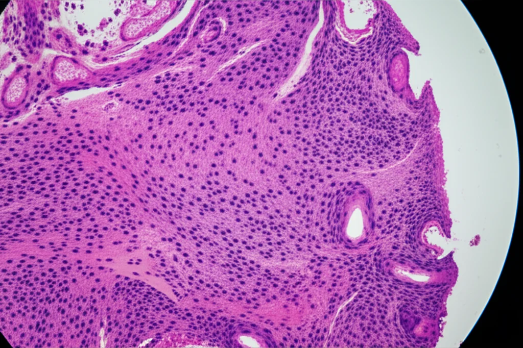 Fotografia macro di un campione istopatologico di teratoma cistico maturo ovarico con aree di carcinoma a cellule squamose. Illuminazione da laboratorio controllata, obiettivo macro 80mm, alta definizione per mostrare la transizione tra tessuto benigno (con elementi come epitelio squamoso maturo) e aree maligne invasive. Messa a fuoco precisa sui dettagli cellulari.