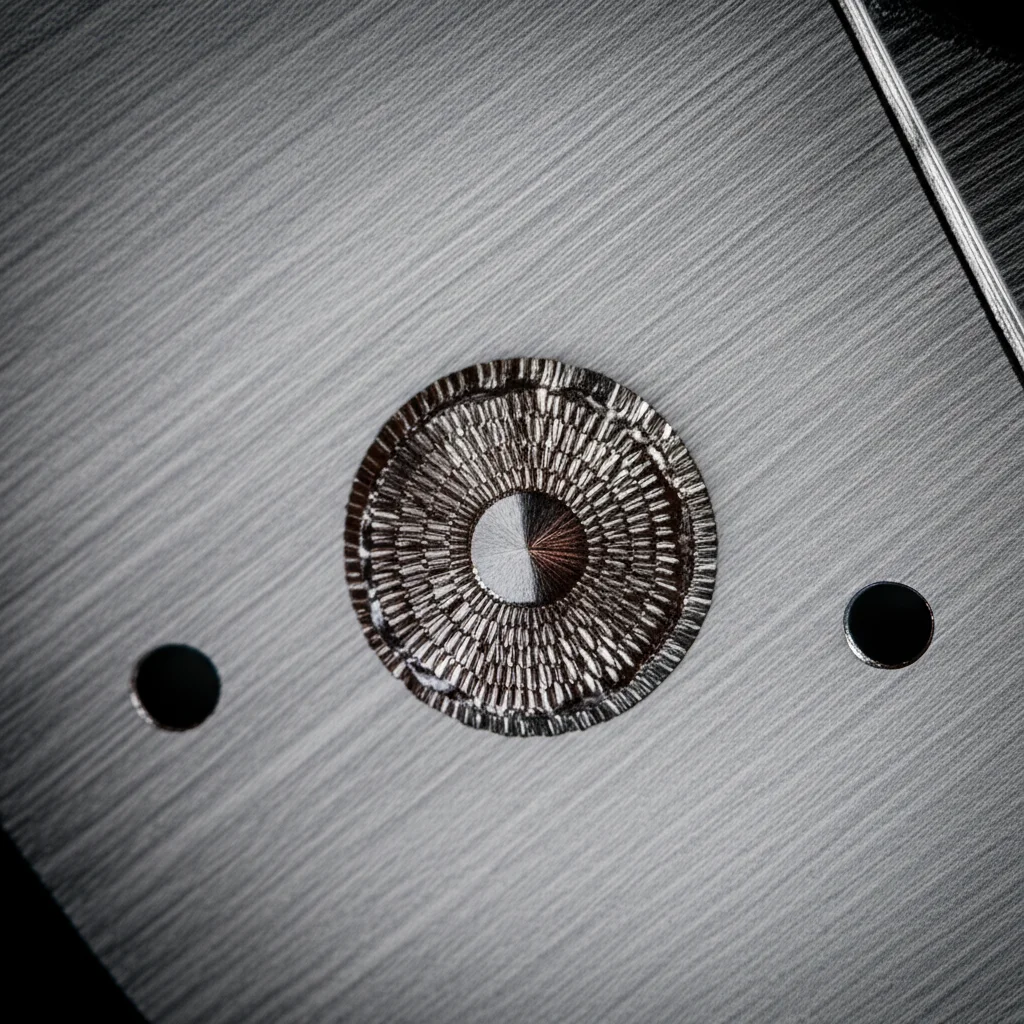 Macro photography, 100mm lens, di un componente semiconduttore di precisione (diamond dresser) che mostra la superficie metallica lucida con etichette incise al laser. Illuminazione controllata per evidenziare il contrasto dell'incisione. Alta definizione, messa a fuoco precisa.