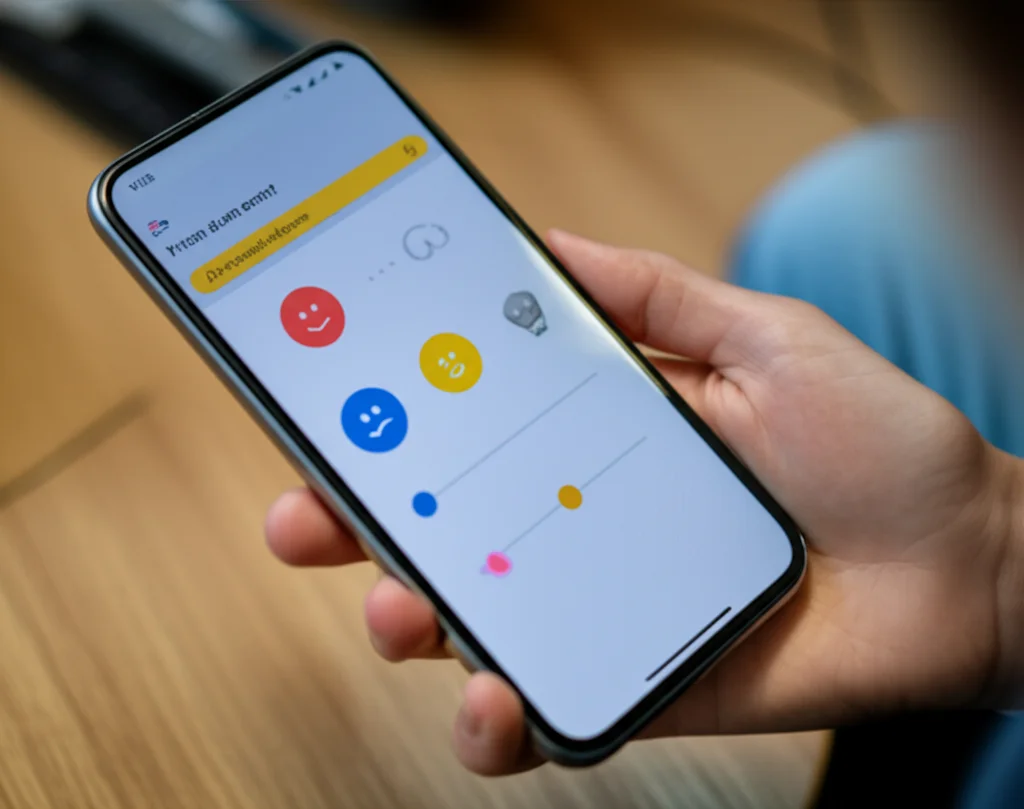 Primo piano di uno smartphone che mostra un'interfaccia di un'app per diario emotivo, con icone colorate o slider per indicare l'umore. La mano di un adolescente tiene il telefono. Fotografia di still life, obiettivo macro 60mm, alta definizione, messa a fuoco precisa sullo schermo, illuminazione controllata per evitare riflessi.
