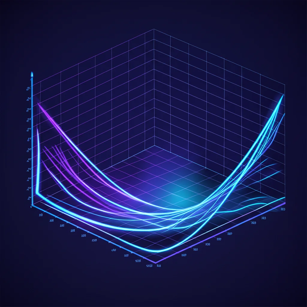 Visualizzazione astratta di dati quantistici sovrapposti a un grafico di ottimizzazione classica. Linee luminose e fluttuanti rappresentano stati quantistici, mentre un grafico 3D mostra la convergenza verso un minimo. Colori al neon blu e viola, stile futuristico high-tech.