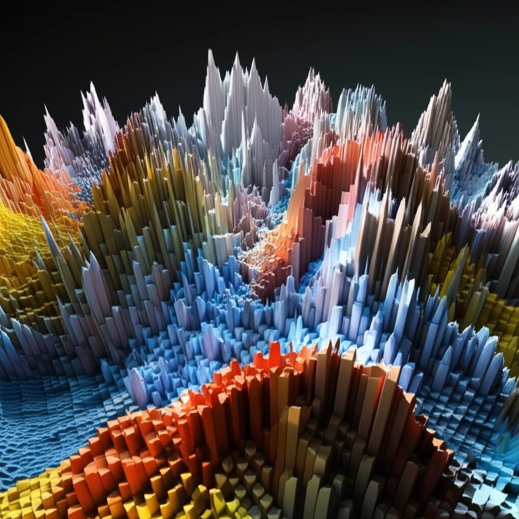 Grafico astratto 3D che rappresenta un paesaggio decisionale complesso con più picchi (obiettivi), illuminato da diverse angolazioni per simboleggiare strutture d'ordine variabili. Macro lens, 80mm, high detail, controlled lighting.