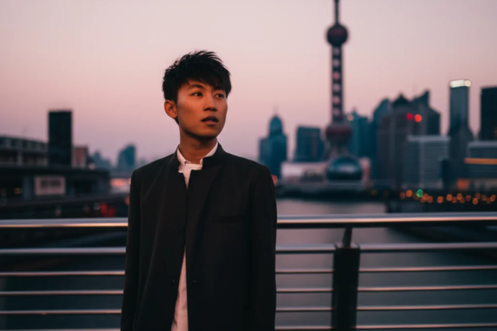 Ritratto fotografico di un giovane adulto cinese pensieroso, in piedi su un cavalcavia pedonale a Shanghai con lo skyline sfocato sullo sfondo al crepuscolo. Obiettivo 50mm, profondità di campo media, toni caldi delle luci della città contrastano con un'espressione riflessiva, simboleggiando la complessità della vita urbana e le credenze individuali.