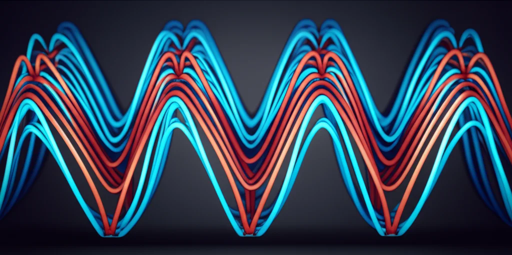 Illustrazione fotorealistica di correnti quantistiche chiraliche (frecce luminose blu e rosse) che scorrono lungo una struttura a scala atomica stilizzata. Le frecce indicano il flusso unidirezionale lungo le 'gambe'. Obiettivo prime 35mm, profondità di campo accentuata, duotono blu e rosso scuro, simulazione quantistica di materia condensata.
