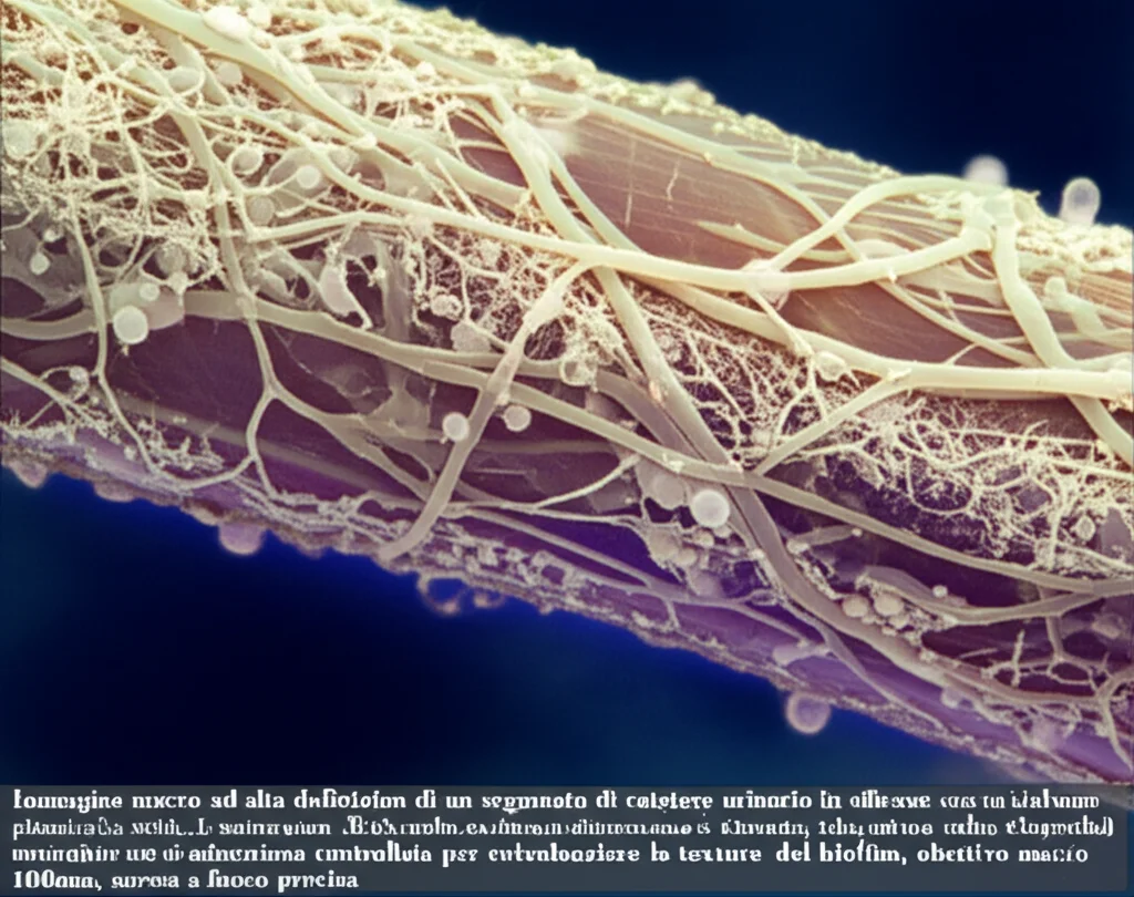 Immagine macro ad alta definizione di un segmento di catetere urinario in silicone con un biofilm polimicrobico visibile sulla superficie interna. Si notano colonie batteriche opache e strutture filamentose fungine (ife di Candida) intrecciate. Illuminazione controllata per evidenziare la texture del biofilm, obiettivo macro 100mm, messa a fuoco precisa.