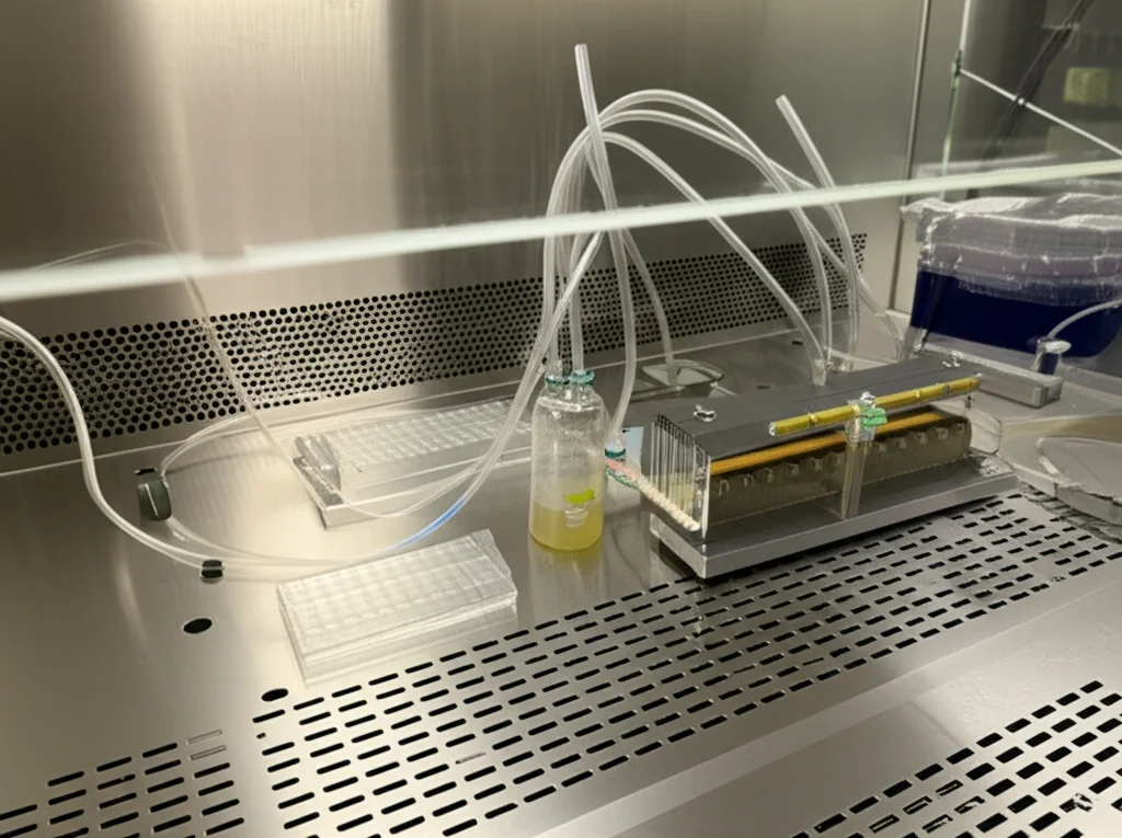 Fotografia del sistema di flusso sperimentale in un laboratorio di microbiologia. Si vedono le slide ibidi con i canali, tubicini collegati a una pompa peristaltica e a flaconi contenenti terreno di coltura sterile, il tutto all'interno di una cappa a flusso laminare per mantenere la sterilità. Obiettivo 35mm, luce ambientale da laboratorio.