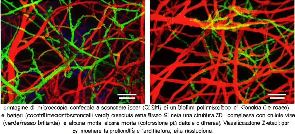Immagine di microscopia confocale a scansione laser (CLSM) di un biofilm polimicrobico di Candida (ife rosse) e batteri (cocchi/bastoncelli verdi) cresciuto sotto flusso. Si nota una struttura 3D complessa con cellule vive (verde/rosso brillante) e alcune morte (colorazione più debole o diversa). Visualizzazione Z-stack per mostrare la profondità e l'architettura, alta risoluzione.