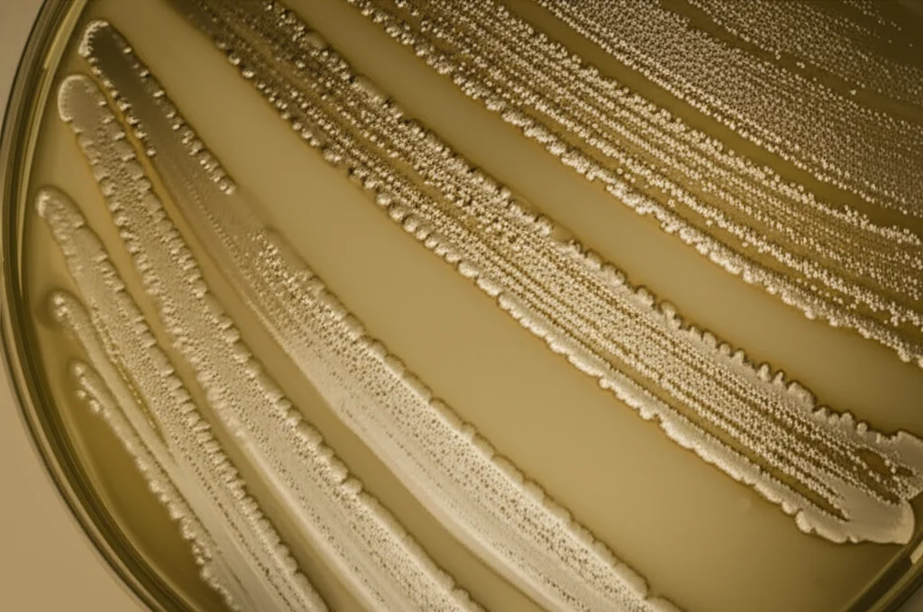 Immagine macro ad alta definizione di colonie batteriche diverse in una piastra di Petri, con illuminazione laterale drammatica per evidenziare le texture, simboleggiando la disbiosi del microbioma intestinale. Lente macro 60mm, messa a fuoco precisa, alta definizione.