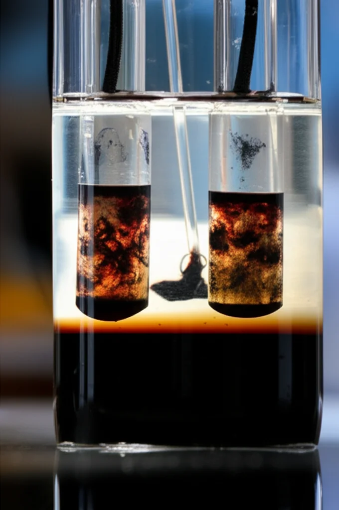 Fotografia still life di un reattore da laboratorio in vetro trasparente (tipo MEC-AD) riempito con un liquido scuro e torbido, contenente due elettrodi neri in feltro di carbonio collegati da fili visibili, macro lens 100mm, illuminazione laterale drammatica che crea ombre profonde e riflessi sul vetro, alta definizione dei dettagli sugli elettrodi porosi e sulle piccole bolle di gas che si formano nel liquido.