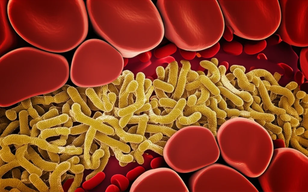 Visualizzazione 3D fotorealistica di molecole di LPS (lipopolisaccaride) che attraversano una barriera intestinale stilizzata e permeabile, entrando nel flusso sanguigno. Illuminazione drammatica, profondità di campo, lente macro 80mm.