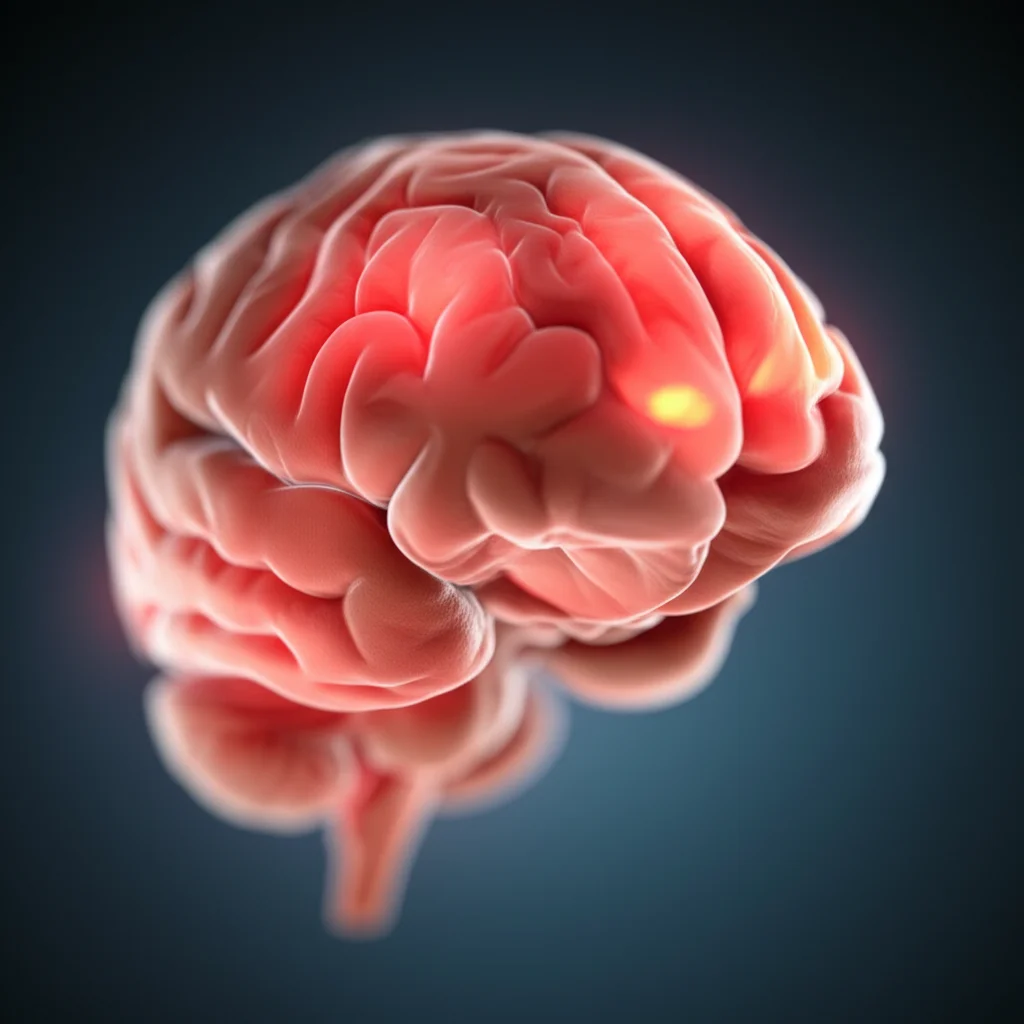 Primo piano fotorealistico di un modello 3D stilizzato di un cervello fetale con aree evidenziate in rosso caldo per simboleggiare l'infiammazione indotta dall'LPS materno. Sfondo scuro, illuminazione focalizzata, lente prime 50mm, profondità di campo.