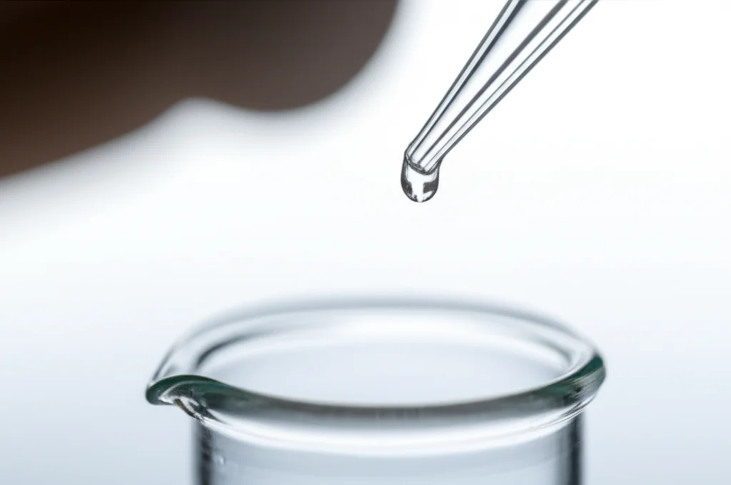 Fotografia macro di gocce di siero di latte limpido e purificato che cadono da una pipetta di vetro in un becher pulito, macro lens 90mm, illuminazione da studio brillante e uniforme, alta definizione delle gocce e dei riflessi, sfondo bianco pulito per simboleggiare la purificazione.