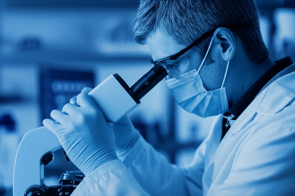 Ricercatore in laboratorio che esamina campioni di tessuto cerebrale fetale al microscopio, fotografia ritratto con lente prime da 35mm, profondità di campo ridotta per focalizzare sul ricercatore, toni duotone blu e grigio per un'atmosfera clinica.