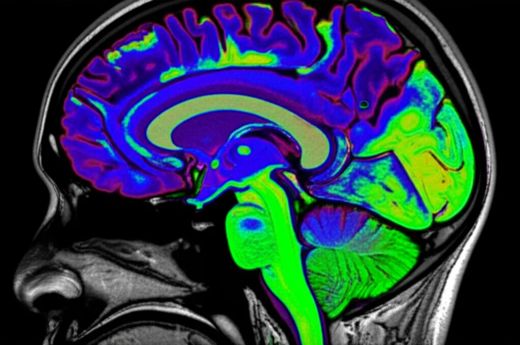 Scansione PET del cervello che mostra i livelli di dopamina, immagine wide-angle con lente da 20mm, colori vivaci per indicare l'attività neuronale, messa a fuoco nitida sulle aree del putamen.