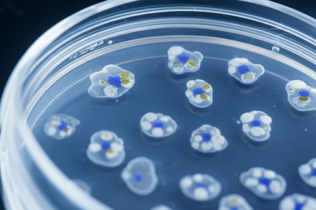 Coltura di cellule staminali pluripotenti in una piastra di Petri, vista macro con lente da 100mm, alta definizione, illuminazione laterale per creare contrasto, focus preciso sulle colonie cellulari.