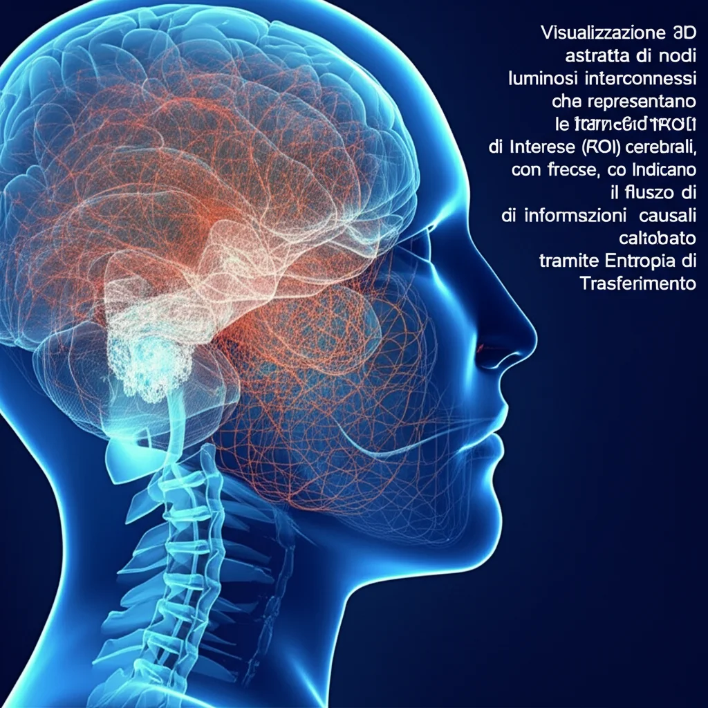 Visualizzazione 3D astratta di nodi luminosi interconnessi che rappresentano le Regioni di Interesse (ROI) cerebrali, con frecce che indicano il flusso di informazioni causali calcolato tramite Entropia di Trasferimento. Obiettivo prime 50mm, profondità di campo accentuata, duotono blu elettrico e arancione caldo per evidenziare la dinamica.