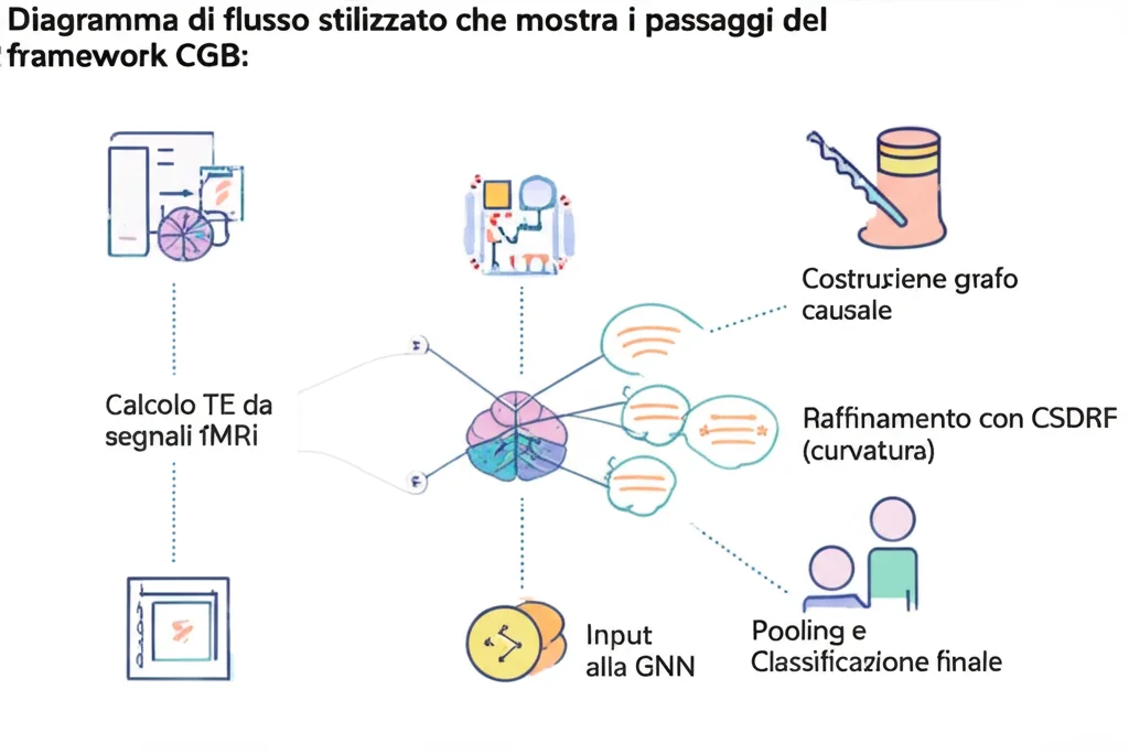 Diagramma di flusso stilizzato che mostra i passaggi del framework CGB: 1) Calcolo TE da segnali fMRI, 2) Costruzione grafo causale, 3) Raffinamento con CSDRF (curvatura), 4) Input alla GNN, 5) Pooling e Classificazione finale. Stile infografica pulita, icone minimaliste, colori pastello.
