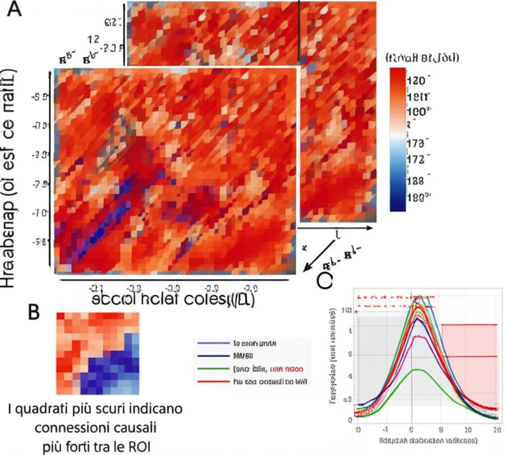 Heatmap colorata che mostra la matrice di adiacenza di un grafo causale cerebrale. I quadrati più scuri indicano connessioni causali più forti tra le ROI. Accanto, un grafico temporale mostra due segnali fMRI (uno blu, uno rosso) con frecce che indicano eventi causali specifici tra loro. Stile scientifico, alta leggibilità.