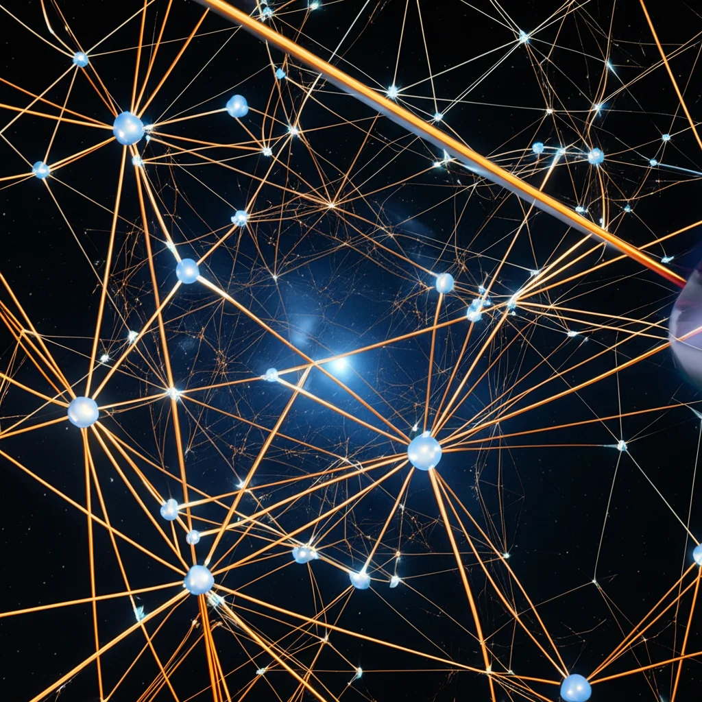 Diagramma astratto e luminoso che rappresenta una rete neurale convoluzionale complessa, con nodi collegati e flussi di dati che convergono verso un output binario (pianeta/non pianeta). Macro lens, 60mm, high detail, controlled lighting, sfondo scuro.