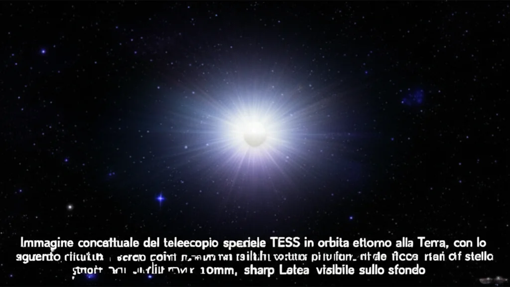Immagine concettuale del telescopio spaziale TESS in orbita attorno alla Terra, con lo sguardo rivolto verso una porzione di cielo ricca di stelle. Astro photography, wide angle 10mm, sharp focus, Via Lattea visibile sullo sfondo.