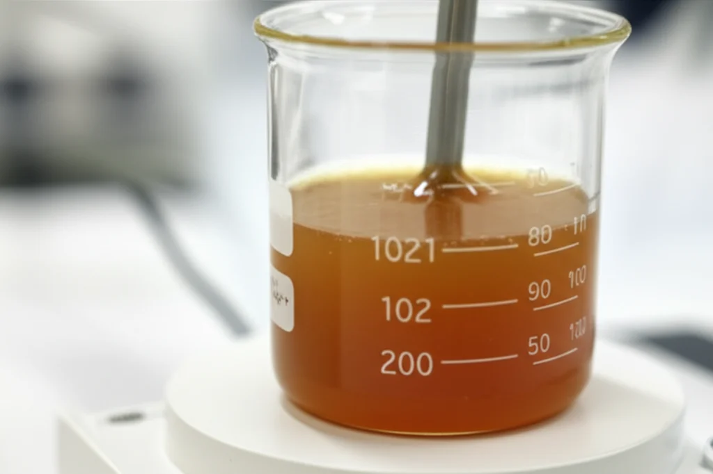 Fotografia di laboratorio: un becher contenente una sospensione colorata (marrone-rossastra, tipo LDH) su un agitatore magnetico. Sfocatura dello sfondo per mettere a fuoco il becher. Obiettivo prime 50mm, profondità di campo.