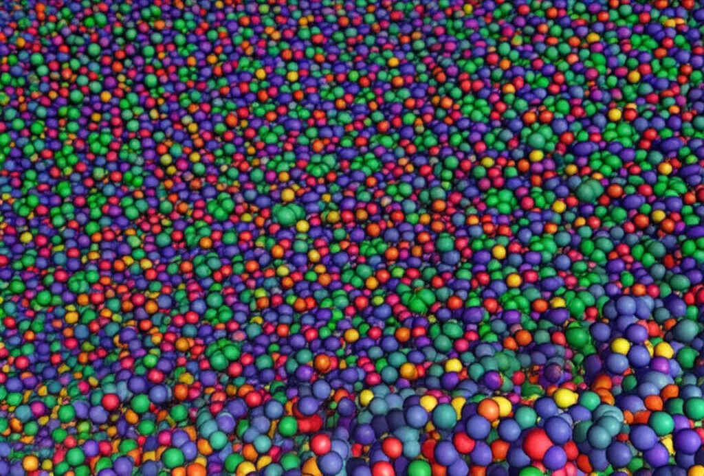 Visualizzazione 3D scientifica ultra-realistica di molecole di levofloxacina (strutture complesse) che si legano alla superficie stratificata di un materiale LDH (strati esagonali). Illuminazione drammatica, alta definizione, stile macro.