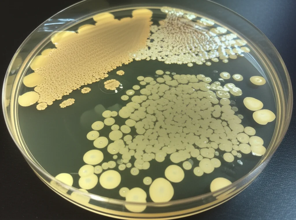 Primo piano di una piastra di Petri con colonie batteriche e zone di inibizione chiare attorno a pozzetti contenenti campioni trattati. Obiettivo macro 60mm, illuminazione da laboratorio precisa, alta definizione.