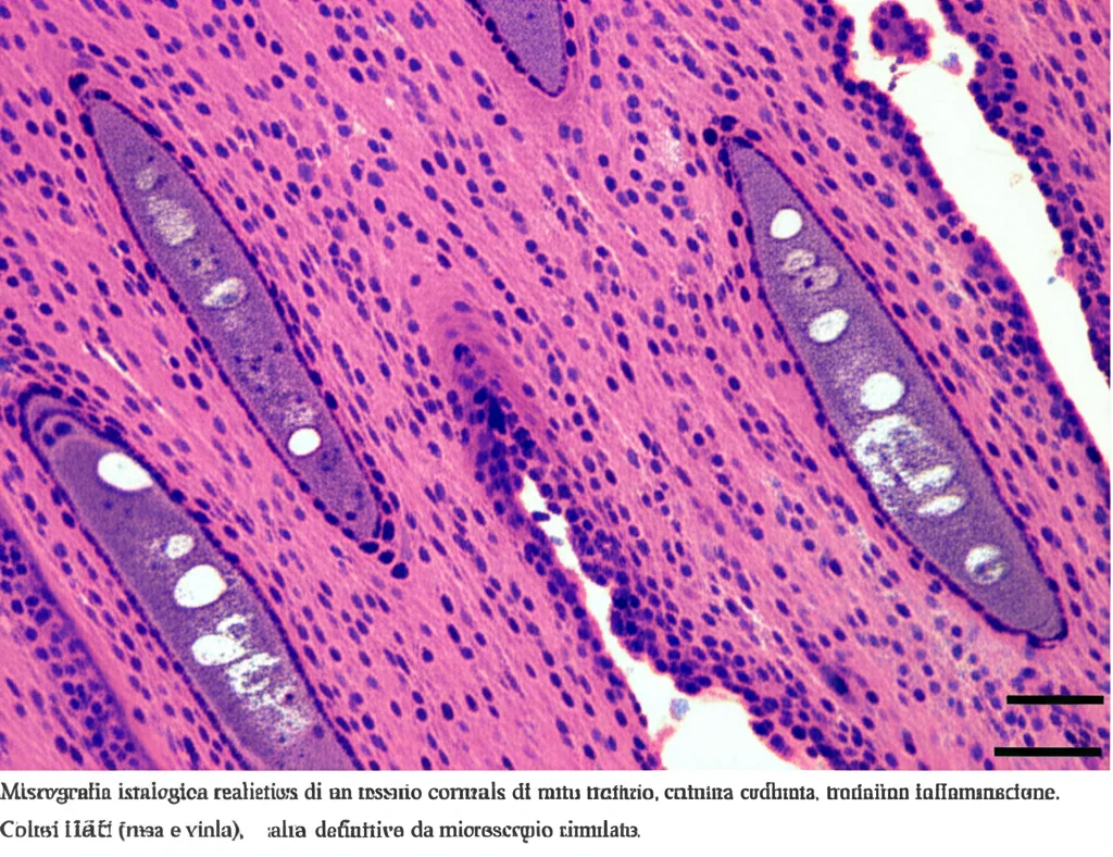 Micrografia istologica realistica di un tessuto corneale di ratto trattato, che mostra una struttura cellulare ordinata con minima infiammazione. Colori HeE (rosa e viola), alta definizione, obiettivo da microscopio simulato.