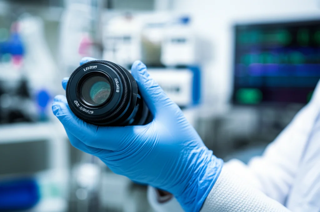 Macro lens, 85mm, high detail, controlled lighting: Primo piano su una provetta di liquido cefalorachidiano tenuta da una mano guantata in un laboratorio di terapia intensiva ben illuminato, con sfondo sfocato che mostra apparecchiature di monitoraggio.