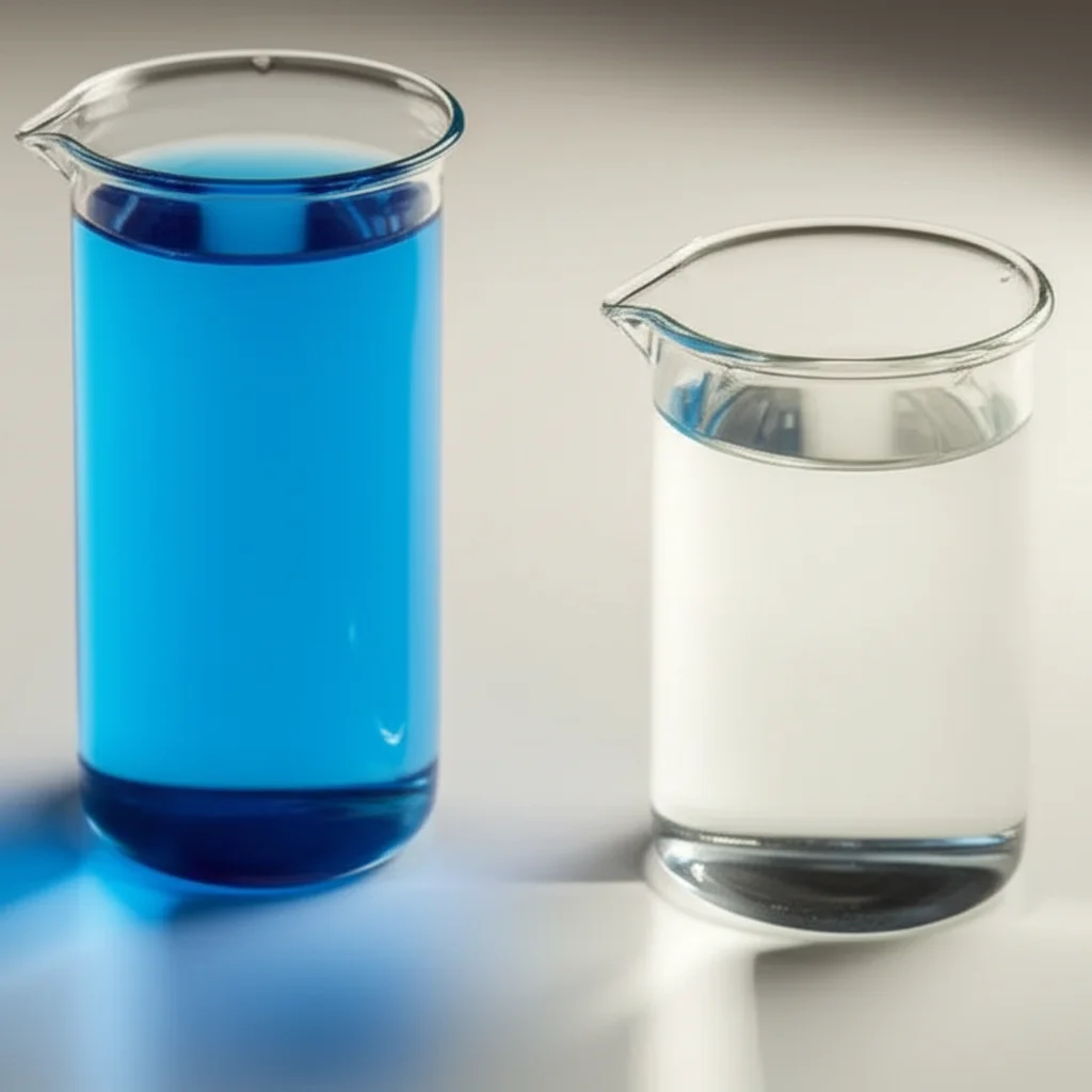 Fotografia still life con lente macro da 100mm: due becher di vetro affiancati. Uno contiene una soluzione blu scuro di blu di metilene, l'altro contiene acqua quasi trasparente dopo il trattamento con Raw-BC. Messa a fuoco precisa sul contrasto tra i due liquidi, illuminazione controllata da laboratorio.