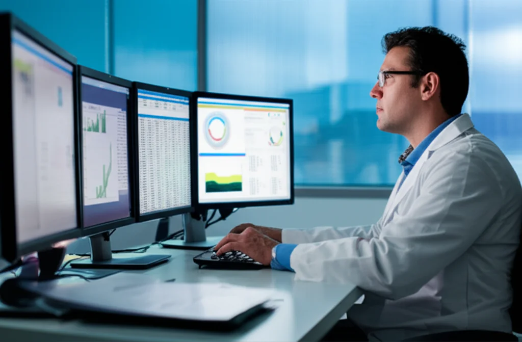 Wide-angle lens, 20mm, sharp focus: Un ricercatore medico osserva attentamente grafici complessi e visualizzazioni di dati su più monitor di computer in un moderno laboratorio di ricerca, leggera profondità di campo.