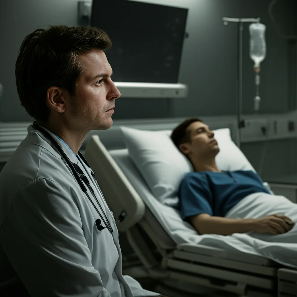 Prime lens, 35mm, depth of field: Un medico preoccupato in camice guarda pensieroso una sacca IV contenente antibiotici appesa accanto al letto di un paziente in terapia intensiva, illuminazione soffusa e leggermente desaturata.