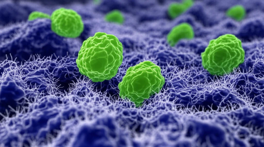 Immagine macro, obiettivo 100mm, di molecole lipidiche stilizzate (fosfatidilcoline) che interagiscono con una rappresentazione 3D di cellule polmonari umane, illuminazione controllata da laboratorio, alto dettaglio, messa a fuoco precisa sulla zona di interazione.